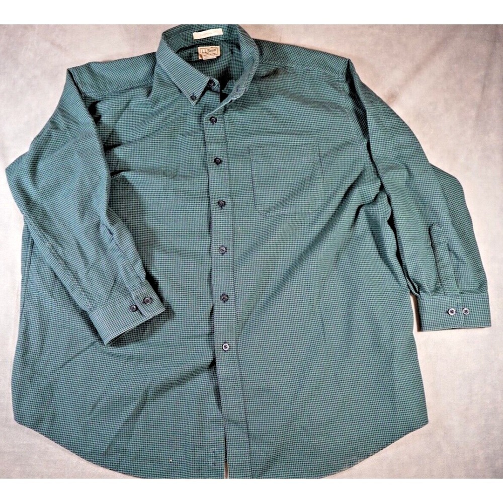 Ll Bean Mens 2XL-Reg Green Black Check Long Sleeve Button Up Shirt Soft Cotton